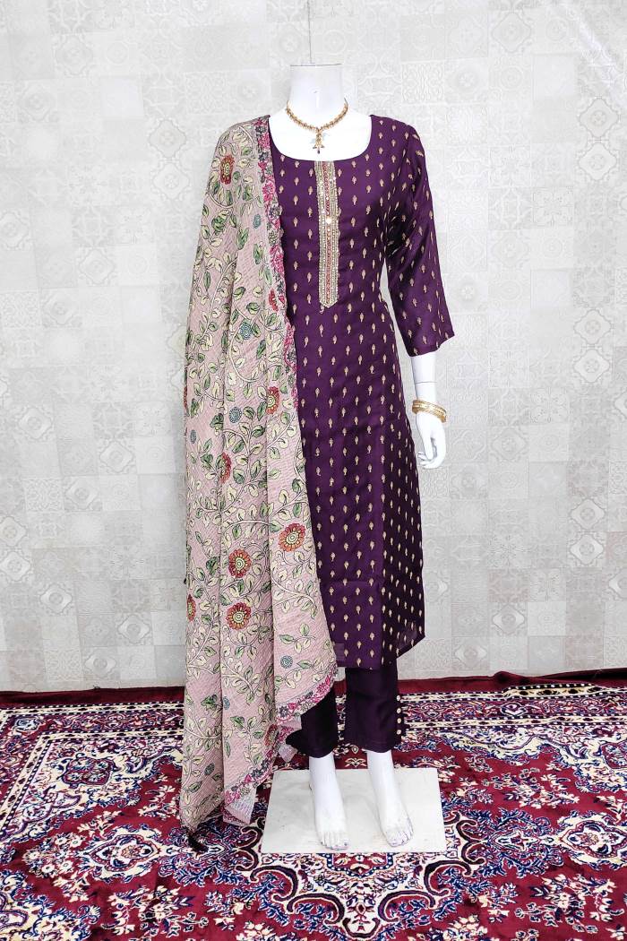 Wine Color Party Wear Designer Straight Long Suit