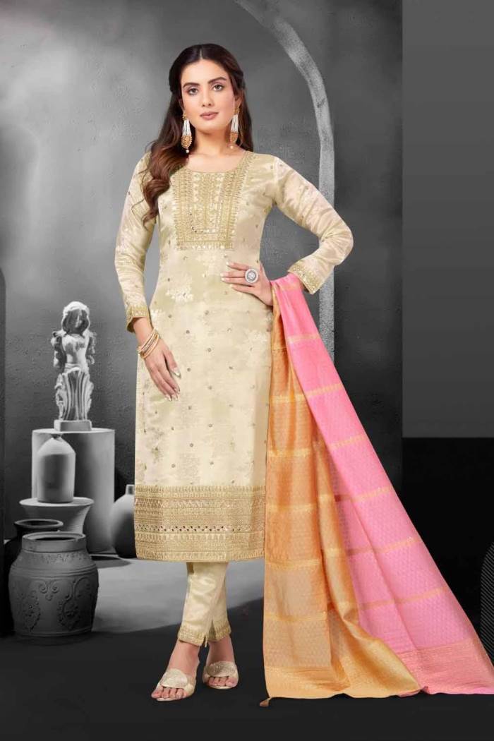 Cream Color Party Wear Designer Straight Long Suit