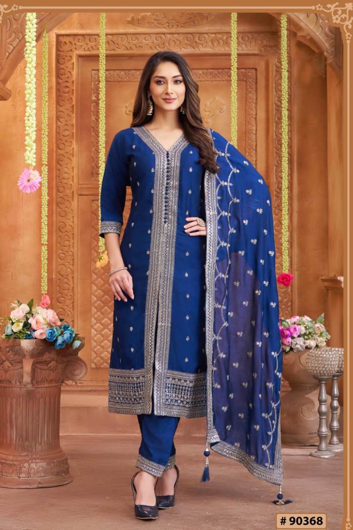 Blue Color Party Wear Designer Straight Long Suit