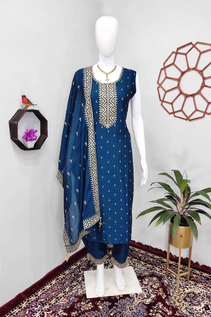 Blue Color Party Wear Designer Straight Long Suit