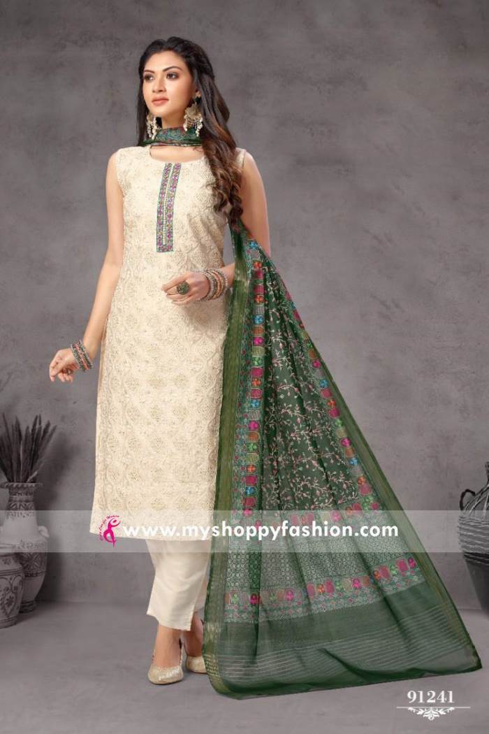 Cream Color Party Wear Straight Long Suit With Dupatta