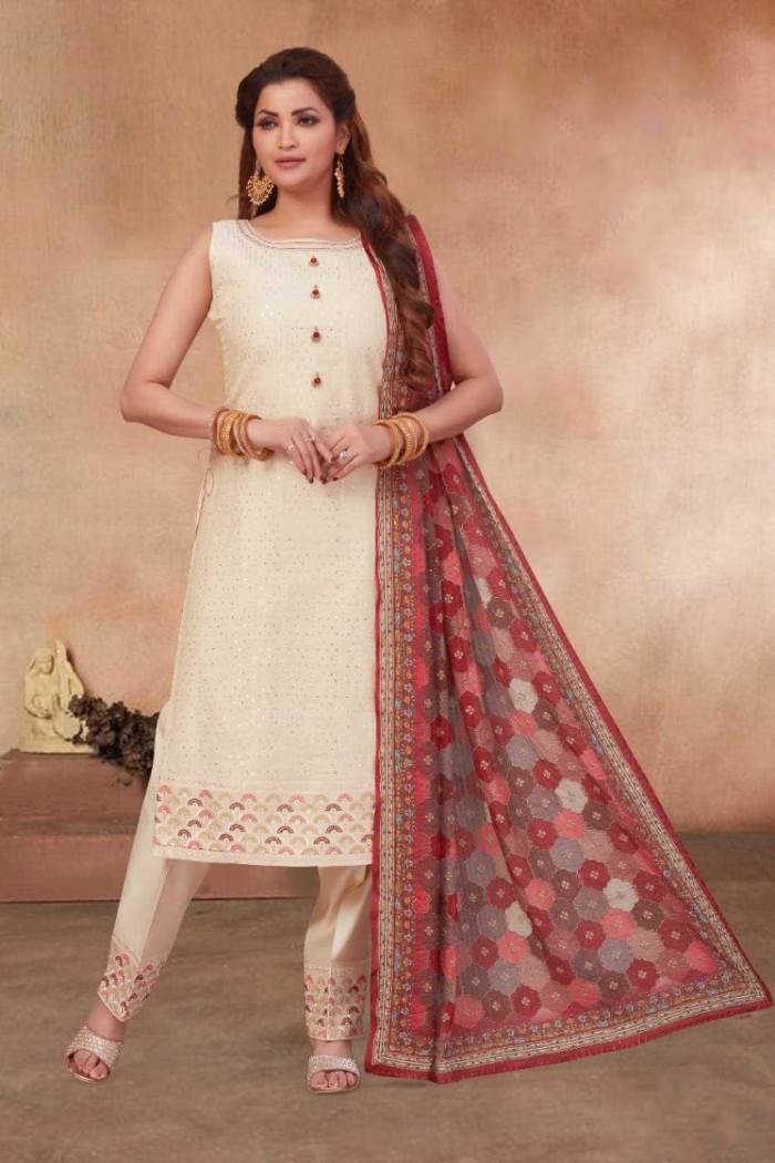 Cream Color Party Wear Designer Straight Long Suit