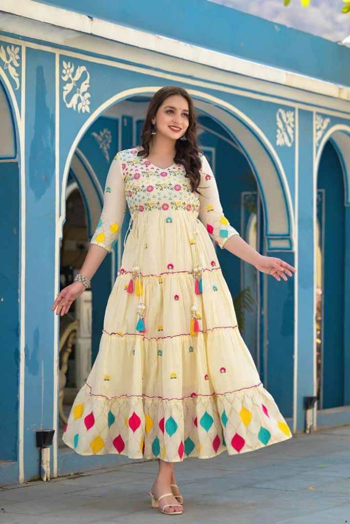 Cream Color Party Wear Designer Gown Kurti