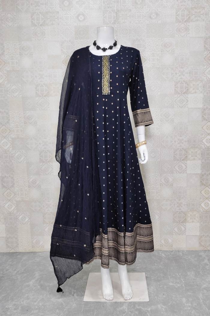 Blue Color Casual Wear Gown Kurti With Dupatta