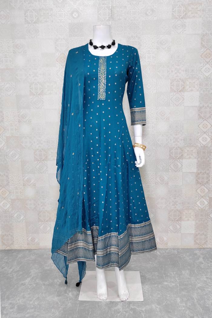 Rama Color Casual Wear Gown Kurti With Dupatta