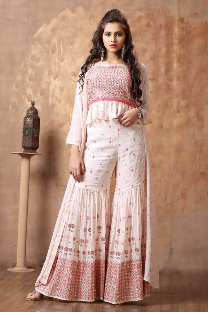 Peach Color Party Wear Indo Western Plazo Suit With Koti