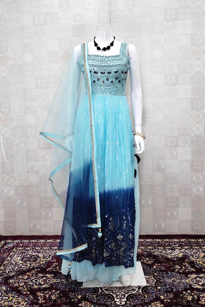 Sky Color Party Wear Designer Indo-Western Plazo Suit