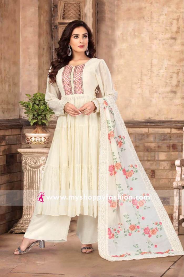 White Color Party Wear Indo Western Plazo Suit