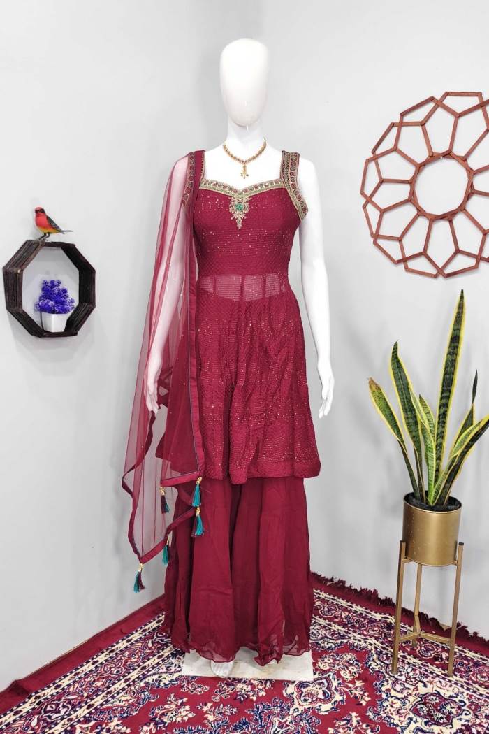 Red Color Party Wear Designer Indo-Western Plazo Suit