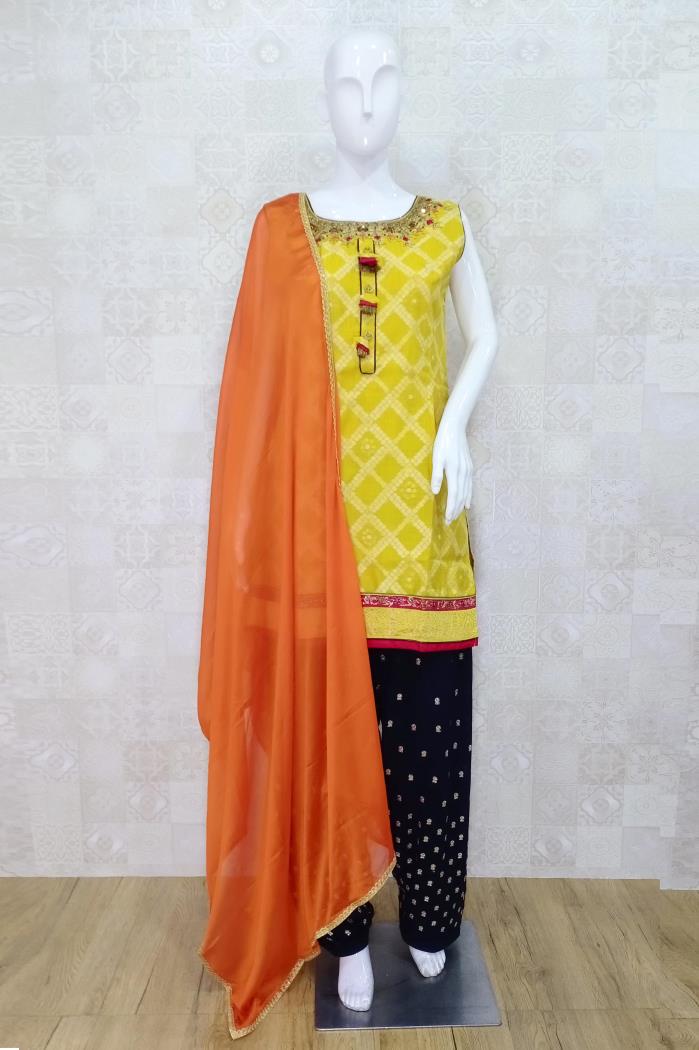 Yellow Color Patiyala Suit with Orange Dupatta
