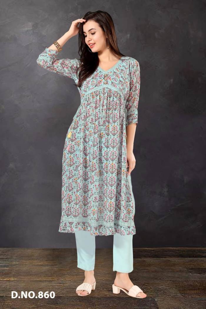 Sky Color Casual Wear Designer Kurti Set