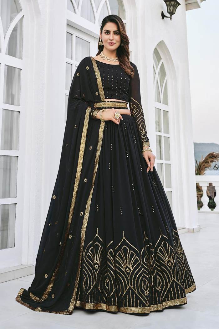Black Color Wedding Collection Designer Semi-Stich Lehenga Choli With Belt
