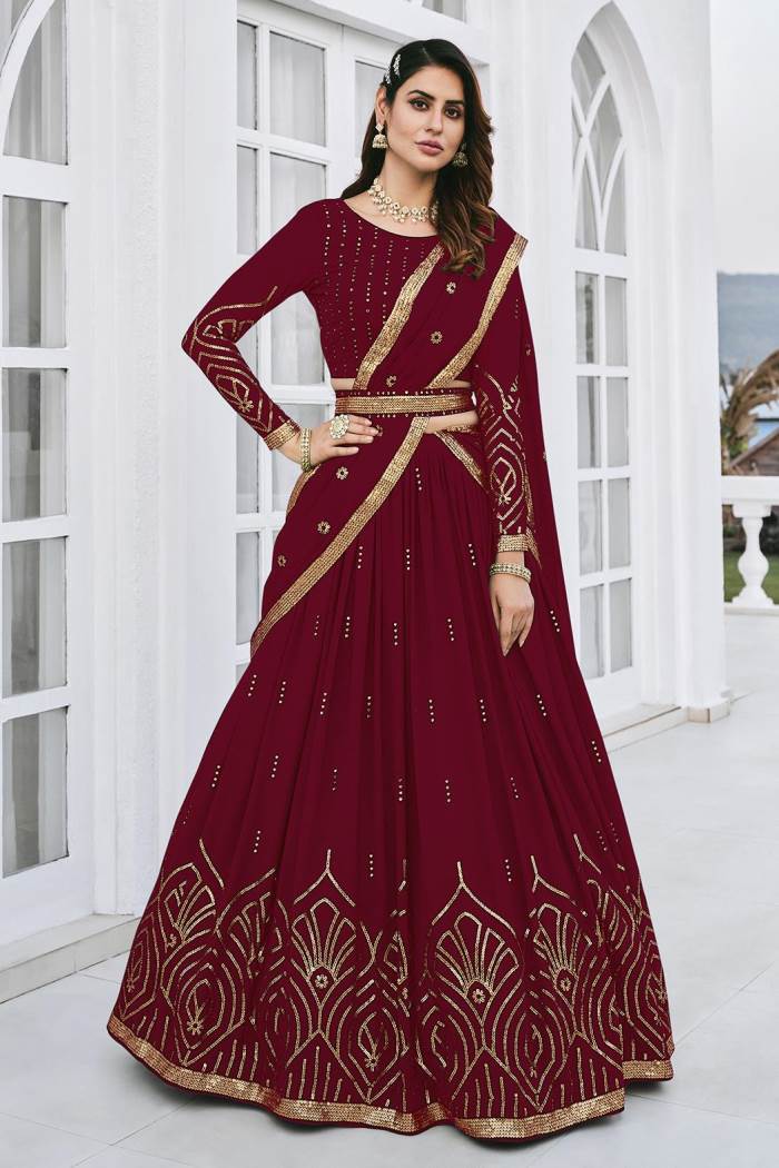 Maroon Blue Color Wedding Collection Designer Semi-Stich Lehenga Choli