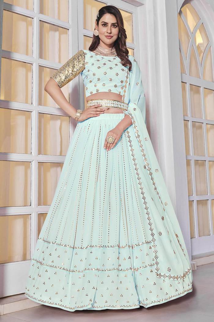 Sky Blue Blue Color Wedding Collection Designer Semi-Stich Lehenga Choli