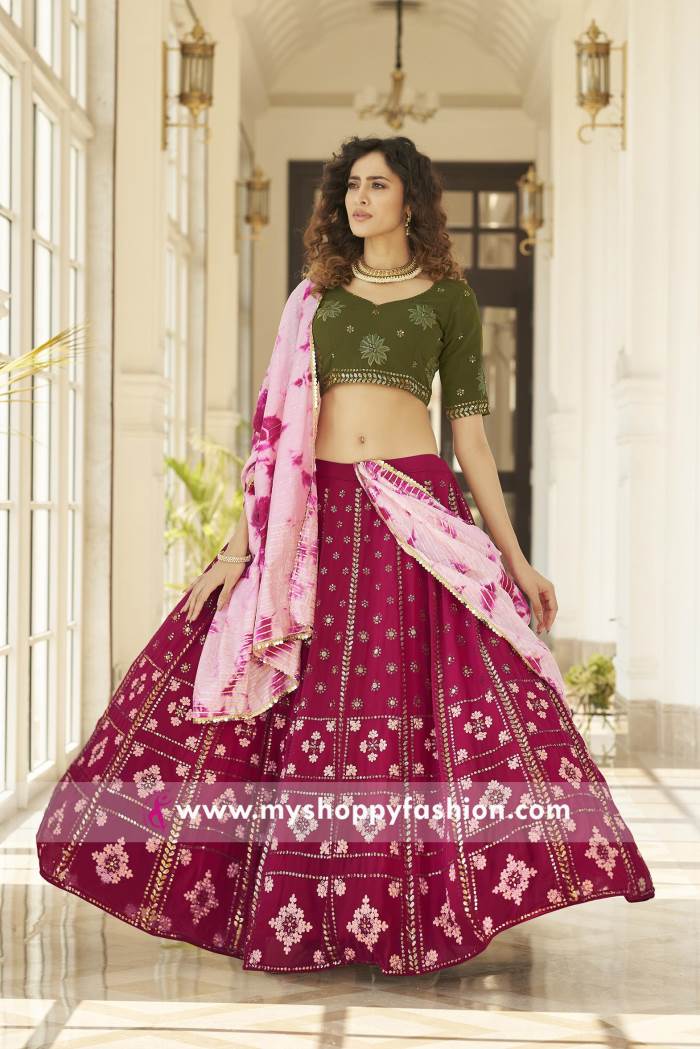 Pink and Green Color Wedding Collection Semi-stitched Lehenga Choli