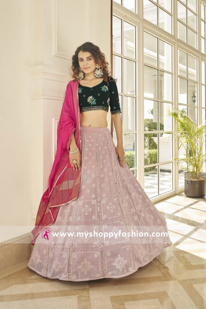 Dusty Pink and Green Color Wedding Collection Semi-stitched Lehenga Choli