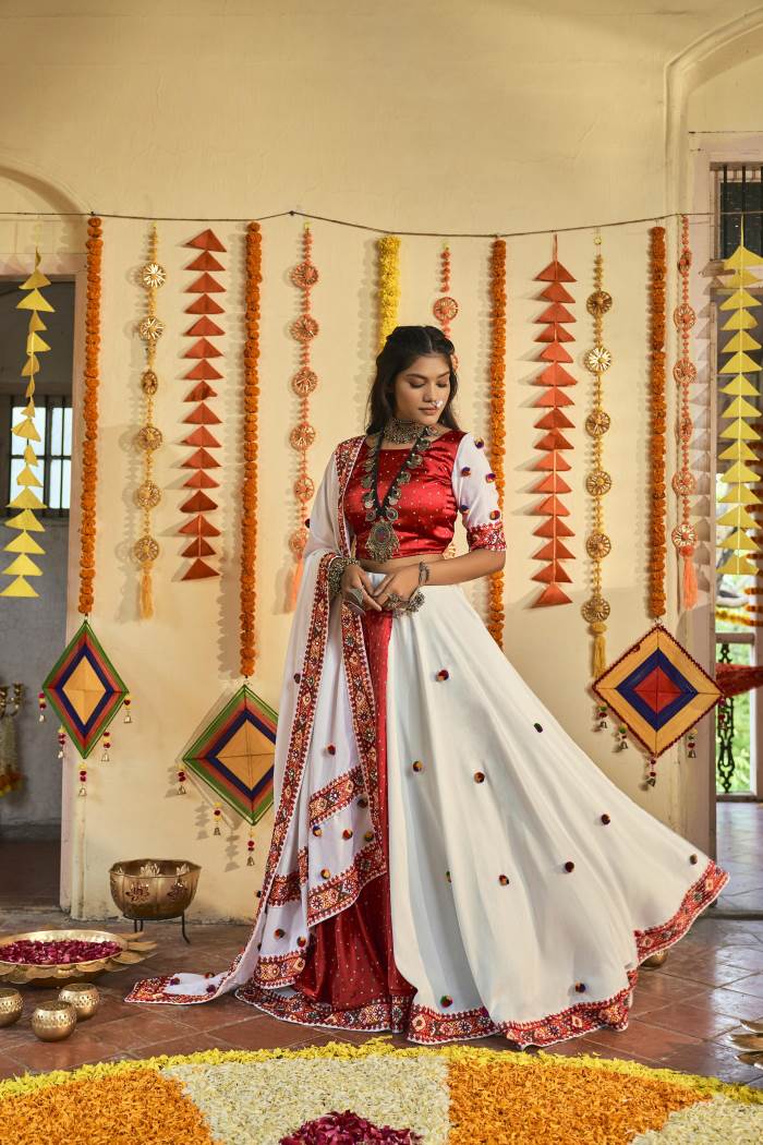 White and red Color Navratri Collection Chaniya Choli 