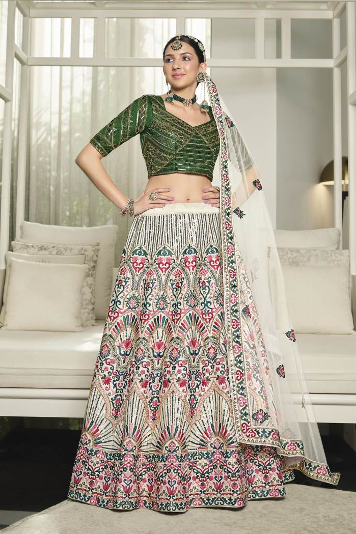 White-Green Color Wedding Wear Designer semi-Stitched Lehenga Choli