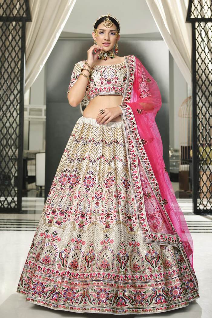 White and Pink color Wedding Wear Designer Semi-stitched Lehenga Choli