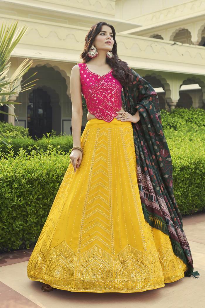 Yellow Pink Color Wedding Wear Designer Semi-Stitched Lehenga Choli
