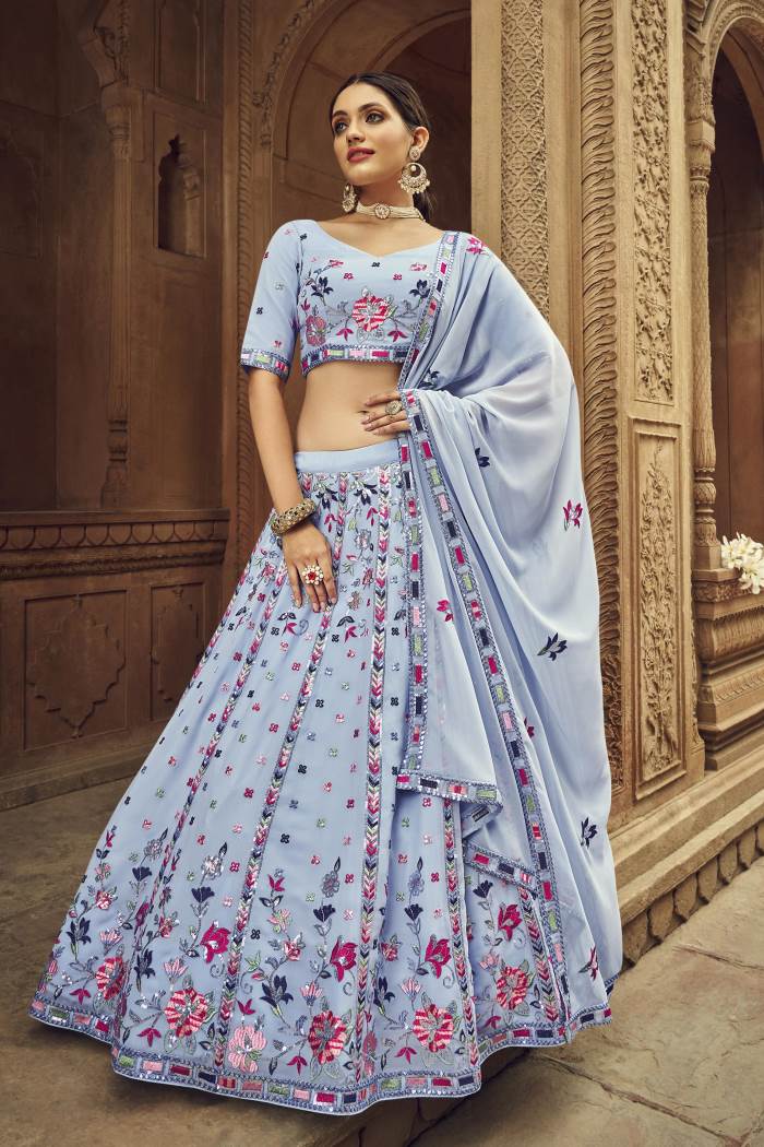 Sky Color Wedding Wear Designer Semi-Stitched Lehenga Choli