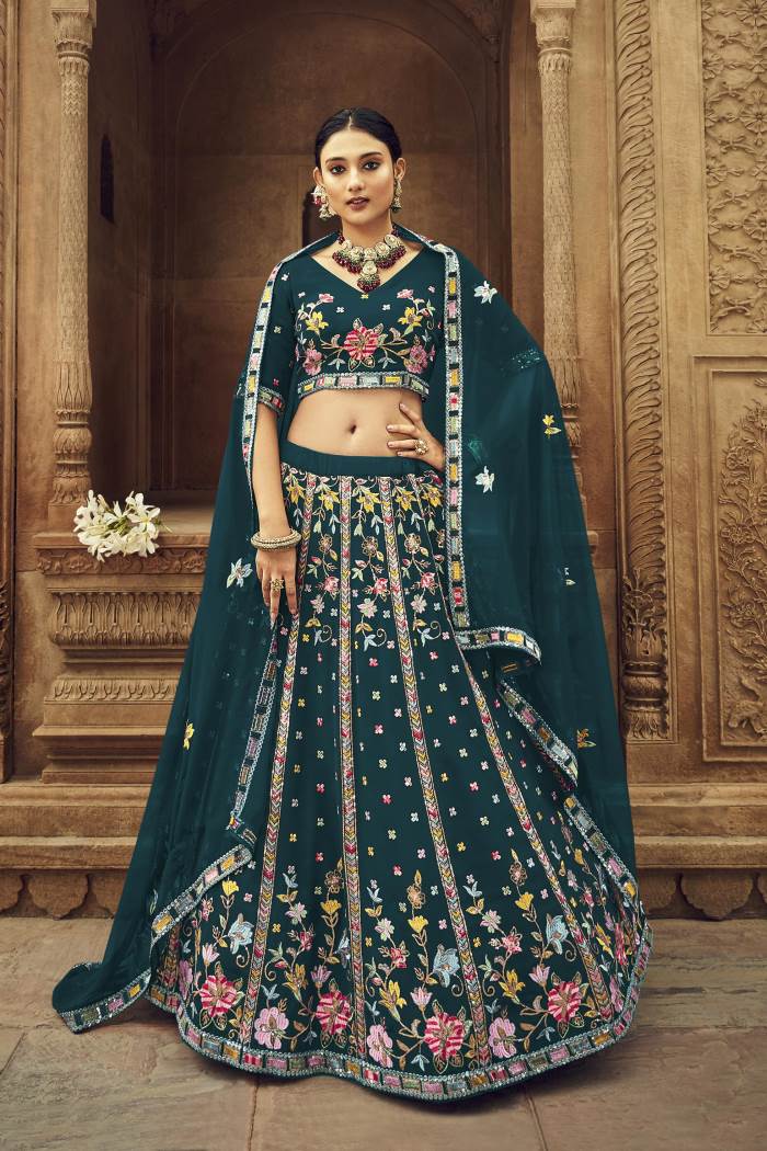 Teal-Blue color Wedding Wear Designer Semi-Stitched Lehenga Choli
