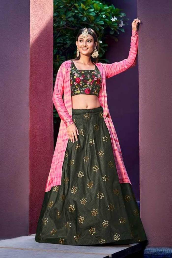 Green Color Wedding Wear Designer Semi-Stitched Lehenga Choli With Koti
