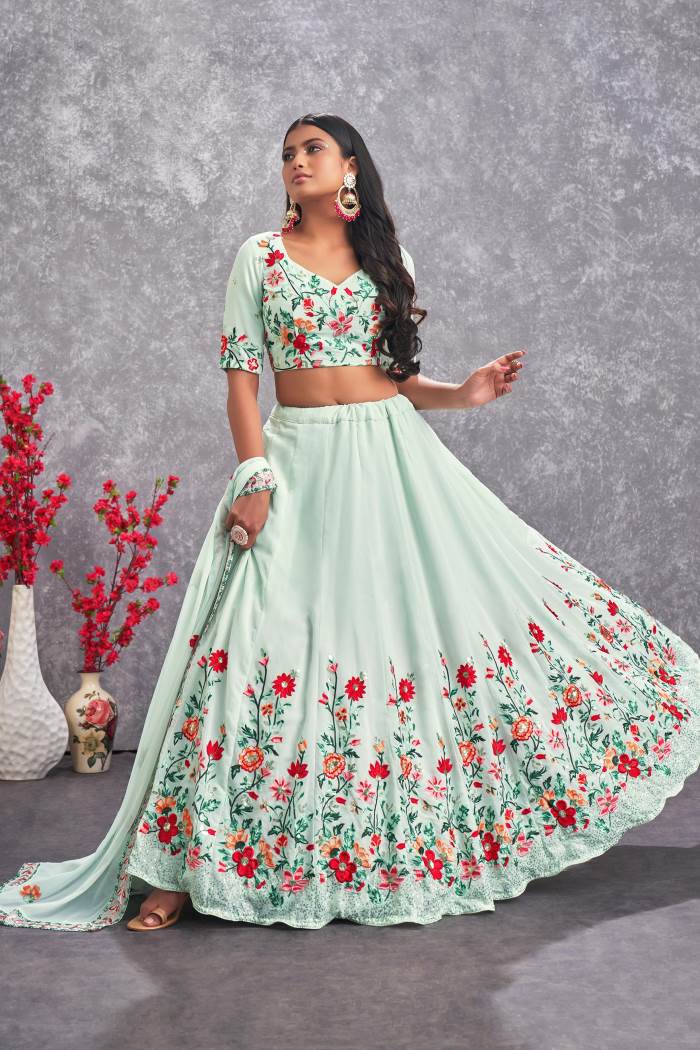 Sea Green Color Wedding Collection Designer Semi-Stich Lehenga Choli
