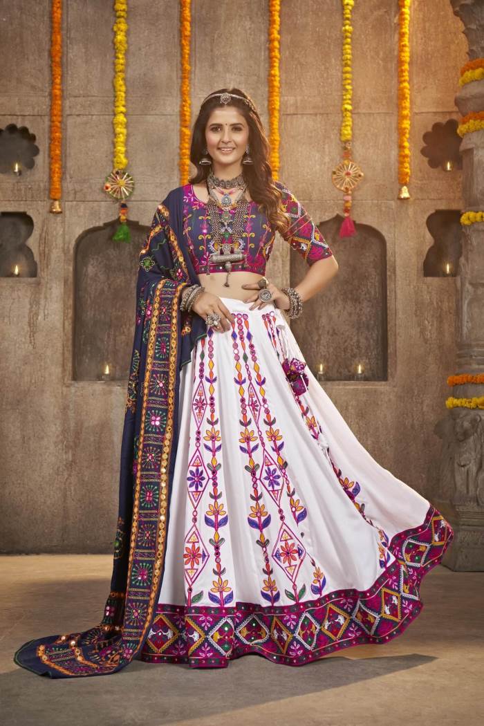 White Color Navratri Collection Designer Semi-Stich Lehenga Choli
