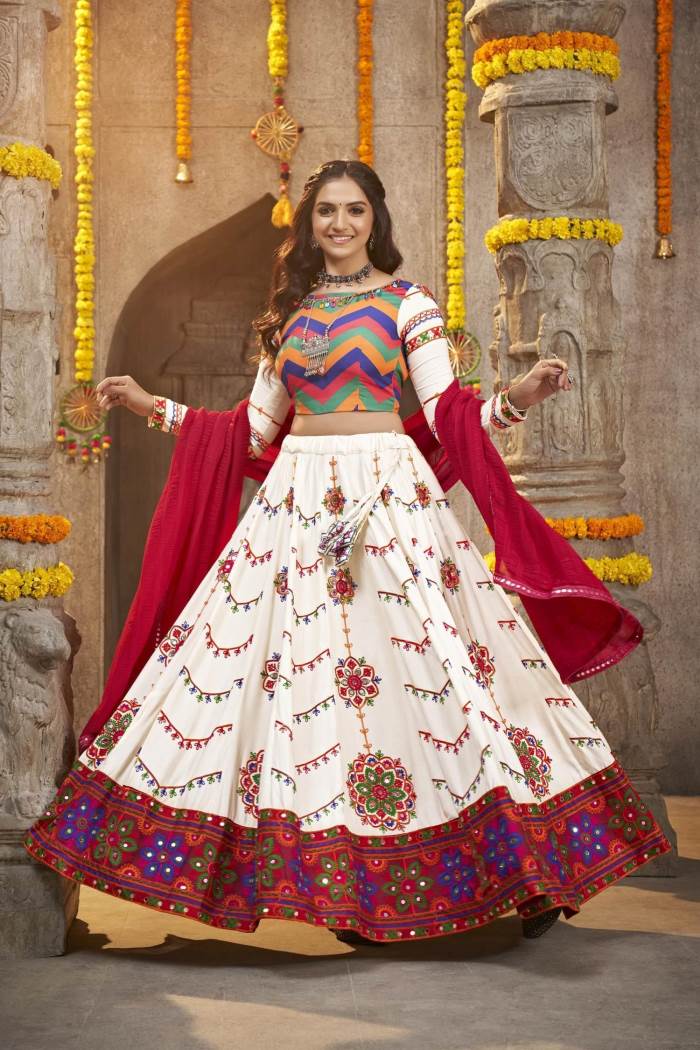 Pearl White Color Navratri Collection Designer Semi-Stich Lehenga Choli