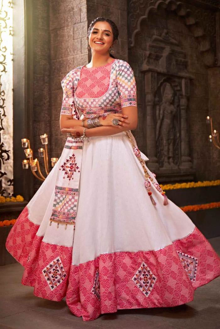 White Color Navratri Collection Designer Semi-Stich Lehenga Choli