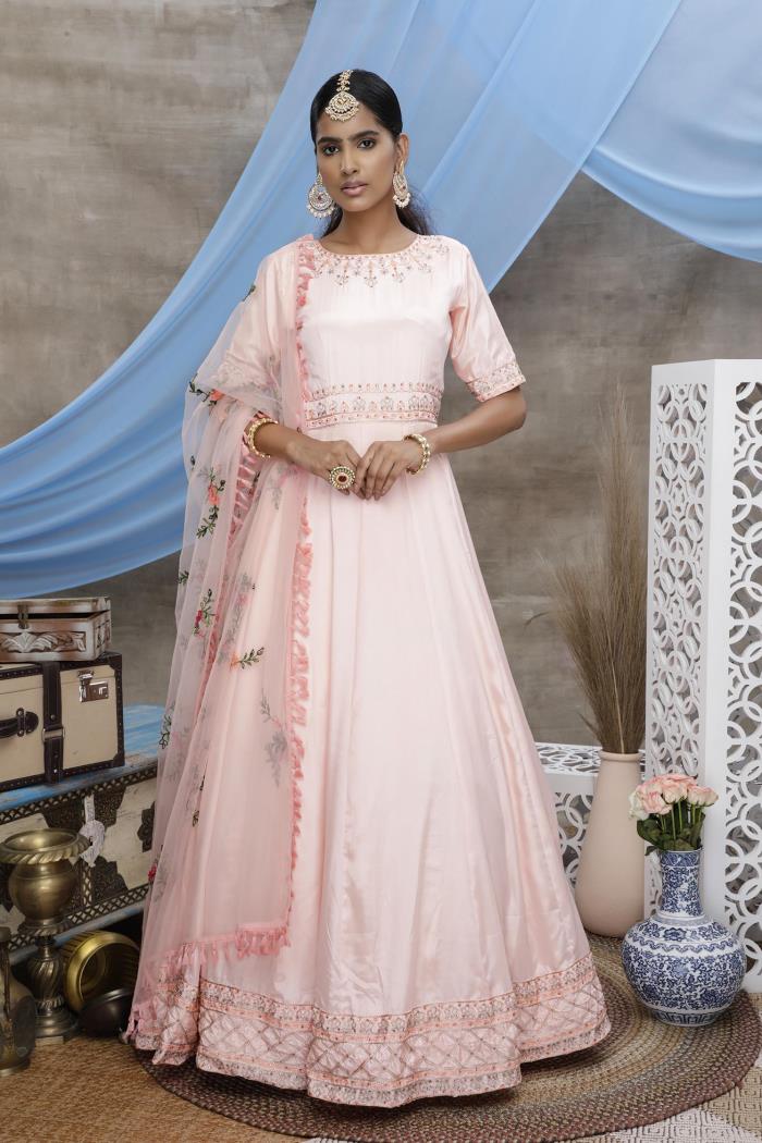 Peach Color Semi-Stitched Gown With Dupatta