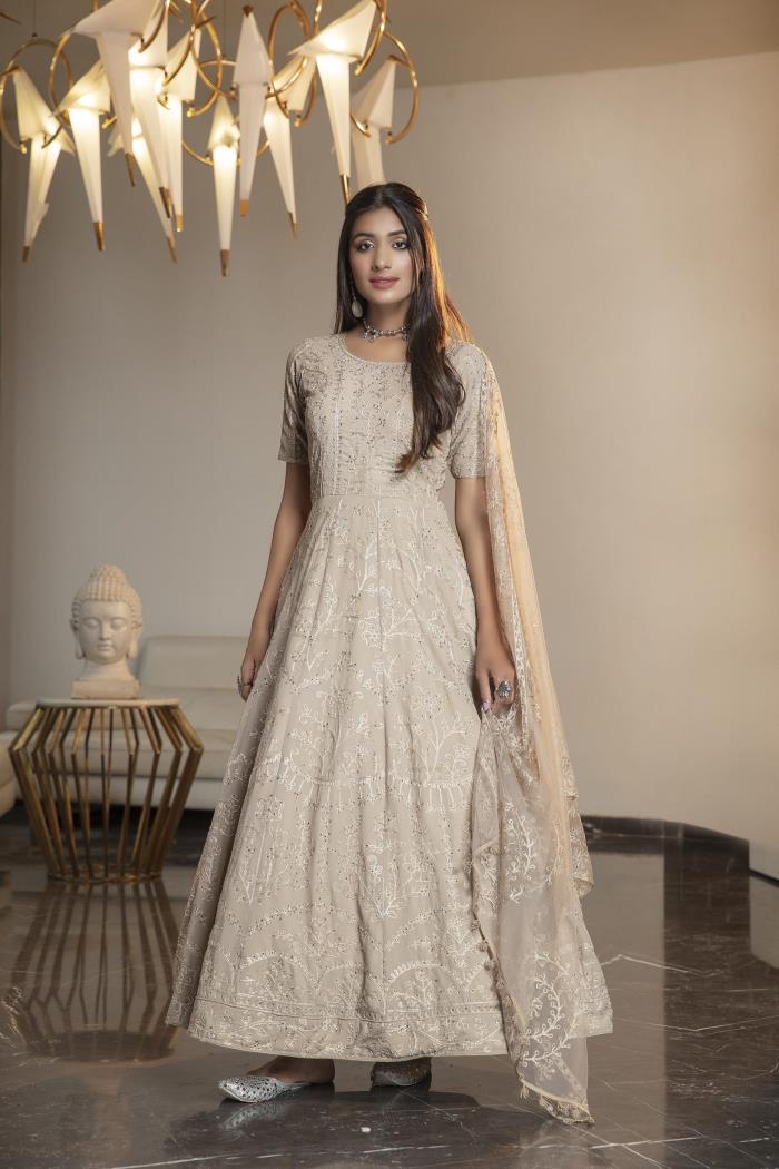 Beige Color Party Wear Semi Stitched Gown With Dupatta