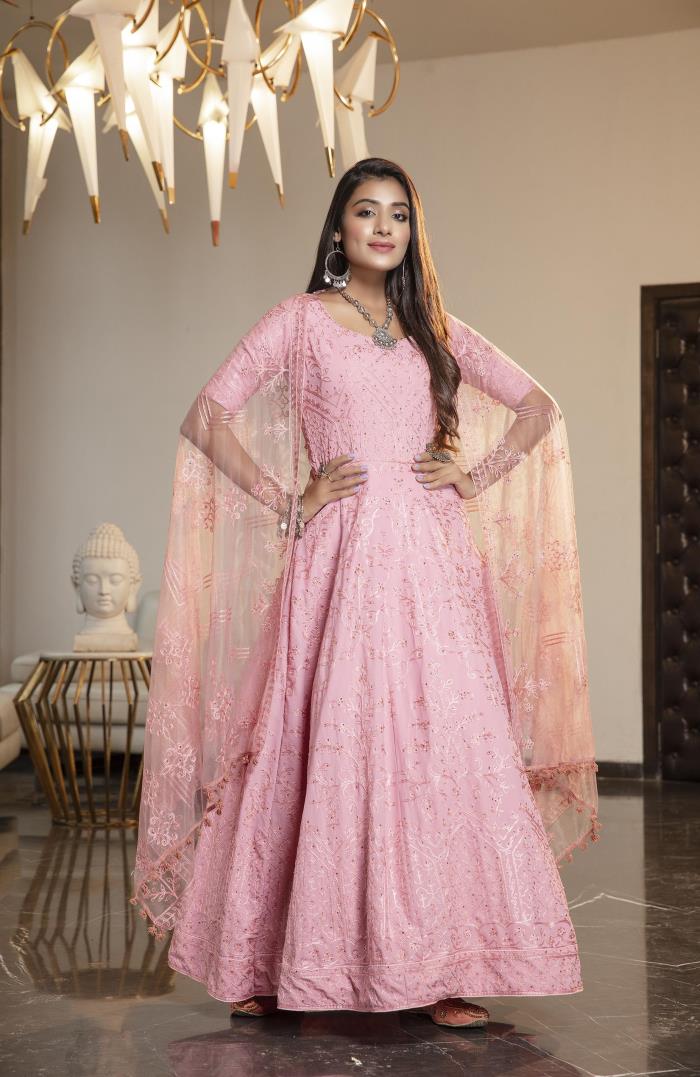Pink Color Party Wear Semi Stitched Gown With Dupatta