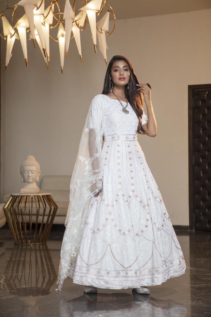 White Color Party Wear Semi Stitched Gown With Dupatta