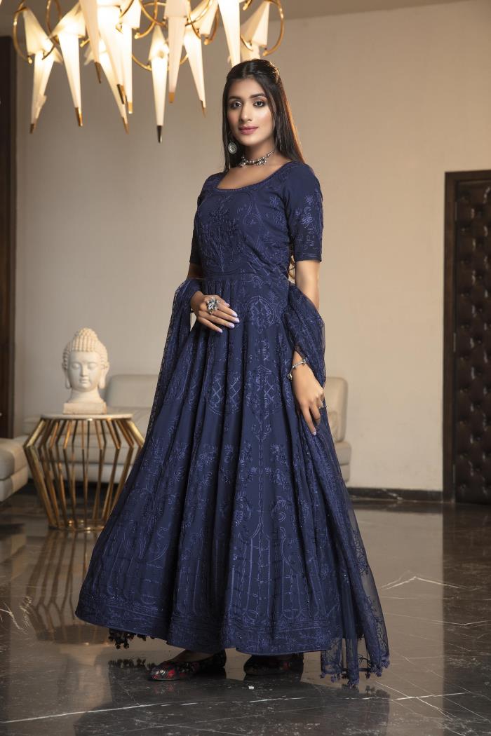 Navy Blue Color Party Wear Semi Stitched Gown With Dupatta