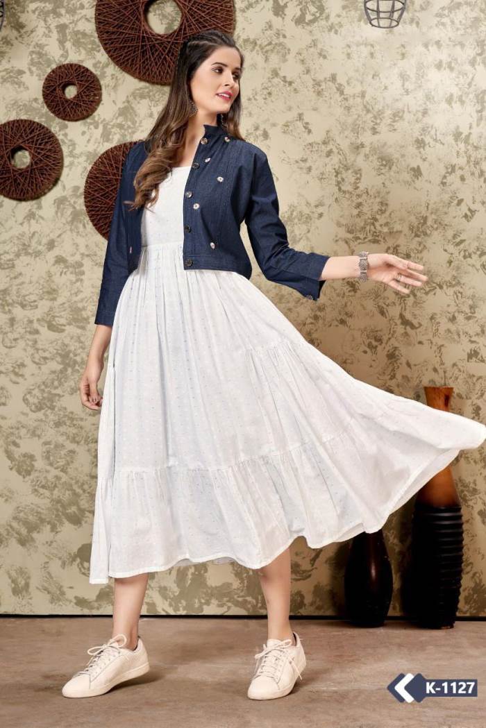 White Color Casual Wear Gown Kurti With Short Koti