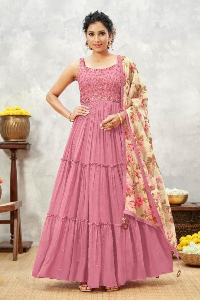 Pink Color Party Wear Designer Gown With Dupatta