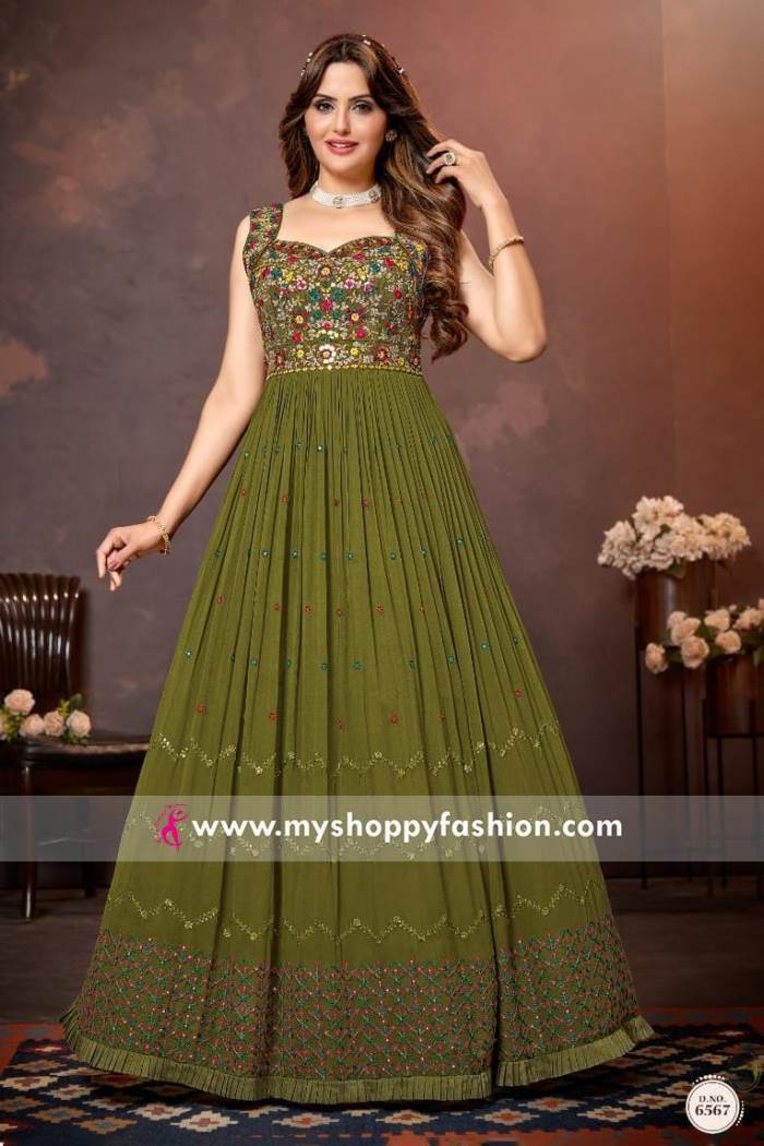 Mehendi Green Color Party Wear Designer Gown