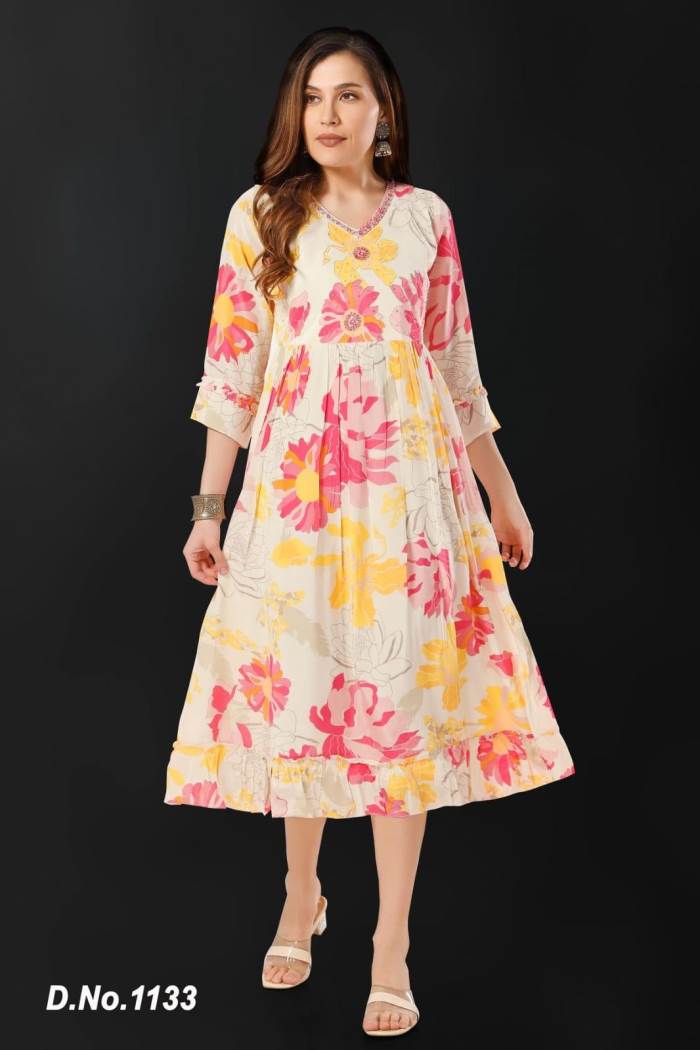 Cream Color Casual Wear Designer Gown Kurti