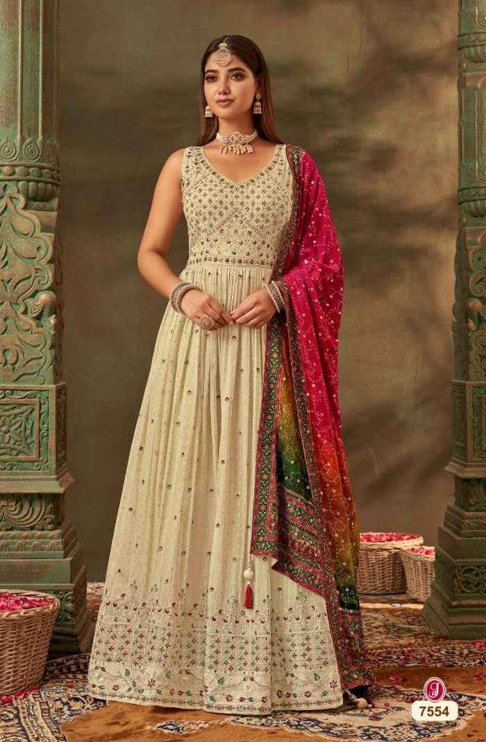 Cream Color Party Wear Designer Gown With Heavy Dupatta