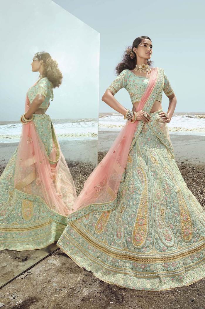 Turquoise Color Wedding Wear Designer Semi-Stitched Lehenga Choli