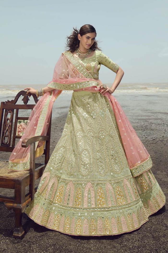 Pista Color Wedding Wear Designer Semi-Stitched Lehenga Choli