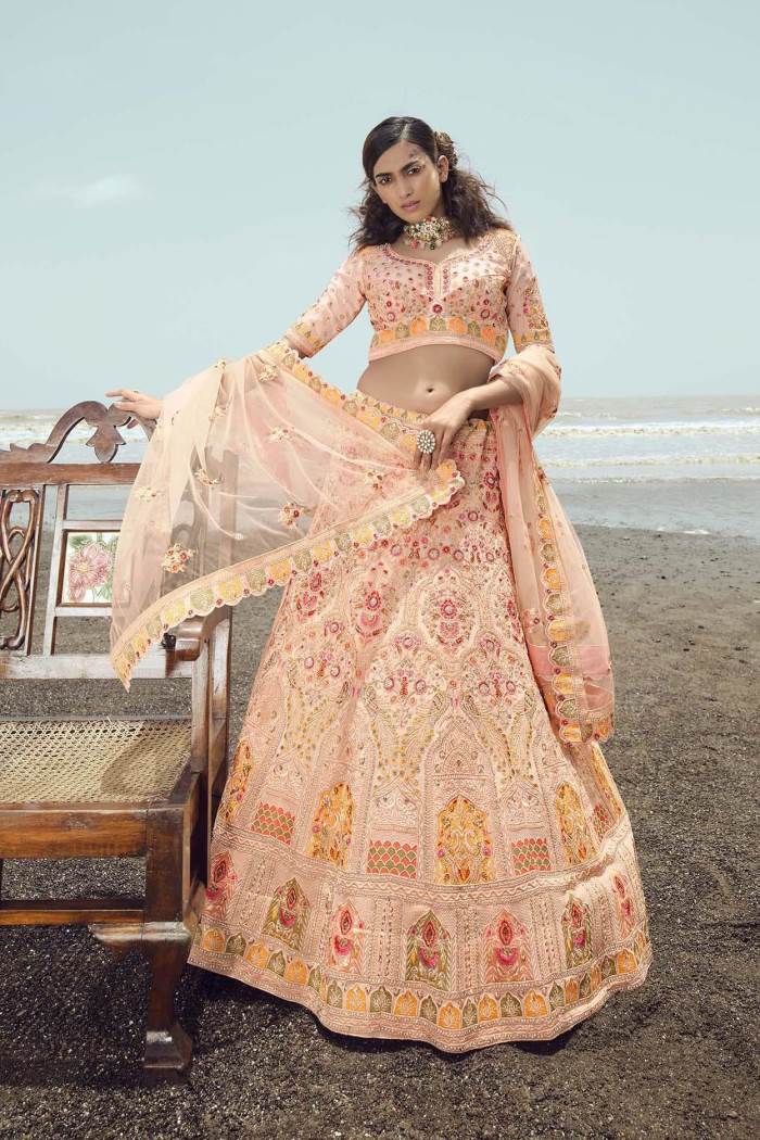 Peach Color Wedding Wear Designer Semi-Stitched Lehenga Choli