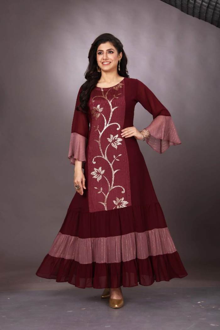 Wine Color Casual Wear Gown Kurti