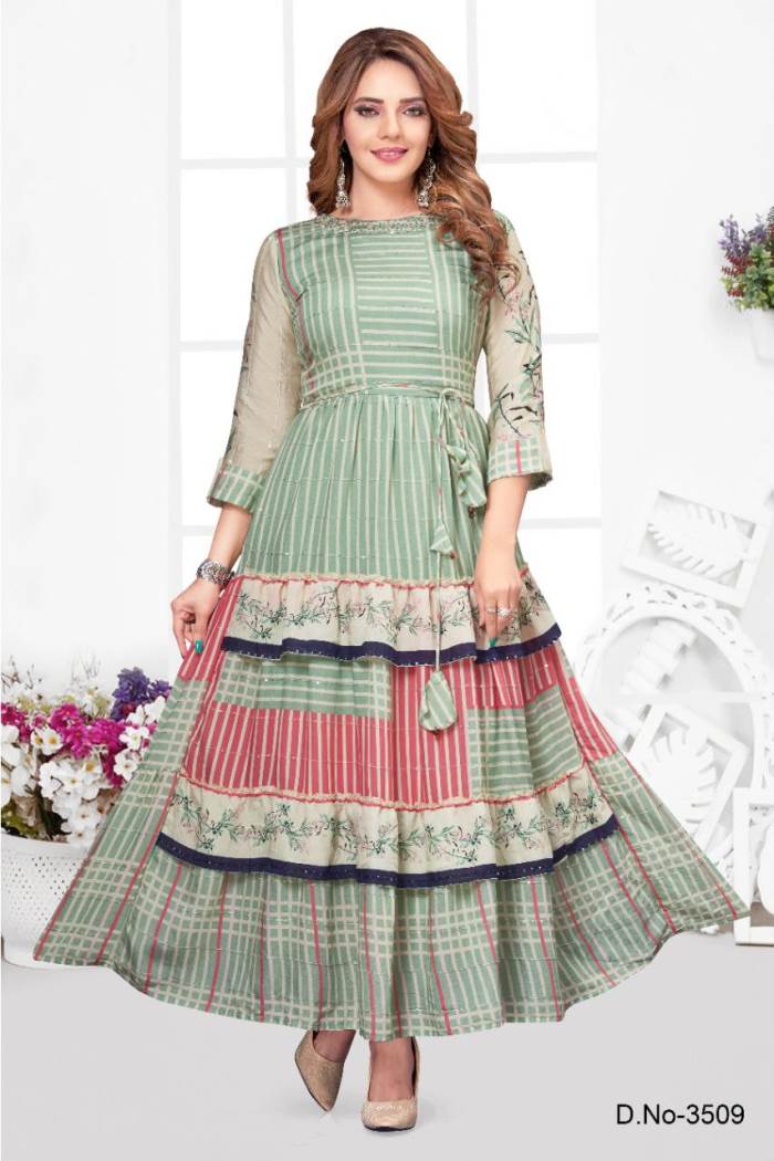 Green Color Casual Wear Gown Kurti