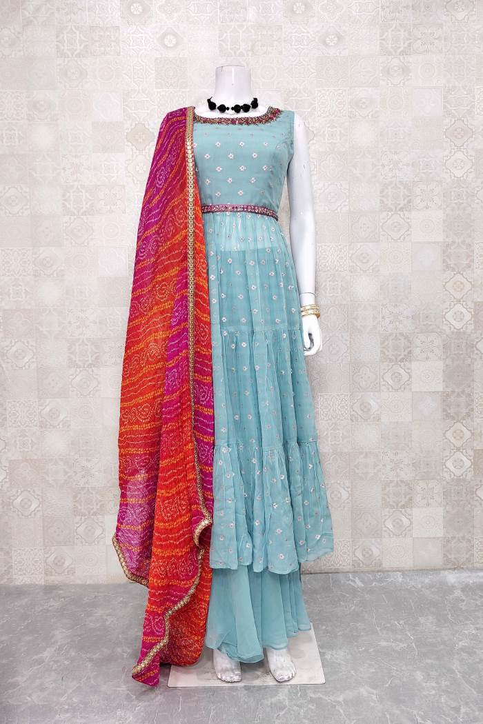 Sky Blue Color Party Wear Indo Western Plazo Suit With Belt