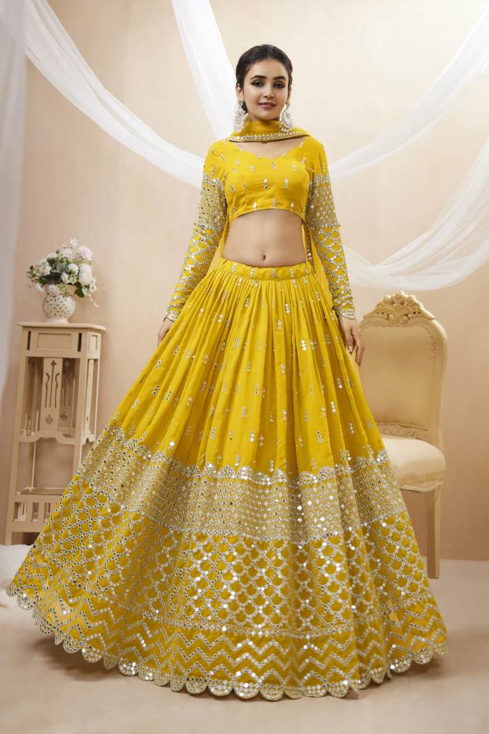 Yellow Color Wedding Collection Designer Semi-Stich Lehenga Choli