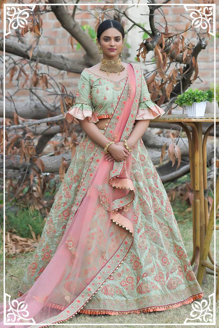 Peach and Olive Color Combination Designer Semi-Stitched Lehenga Choli With Dupatta Peach and Olive Color Combination Designer Semi-Stitched Lehenga Choli With Dupatta