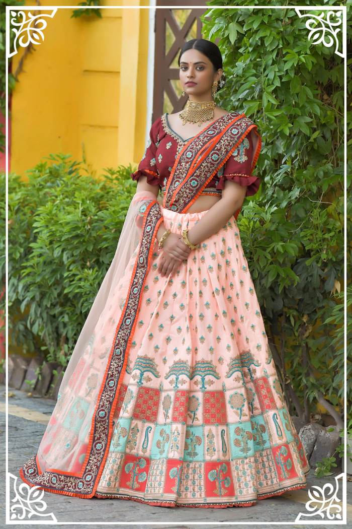 Maroon and Peach Color Combination Designer Semi-Stitched Lehenga Choli With Dupatta Maroon and Peach Color Combination Designer Semi-Stitched Lehenga Choli With Dupatta